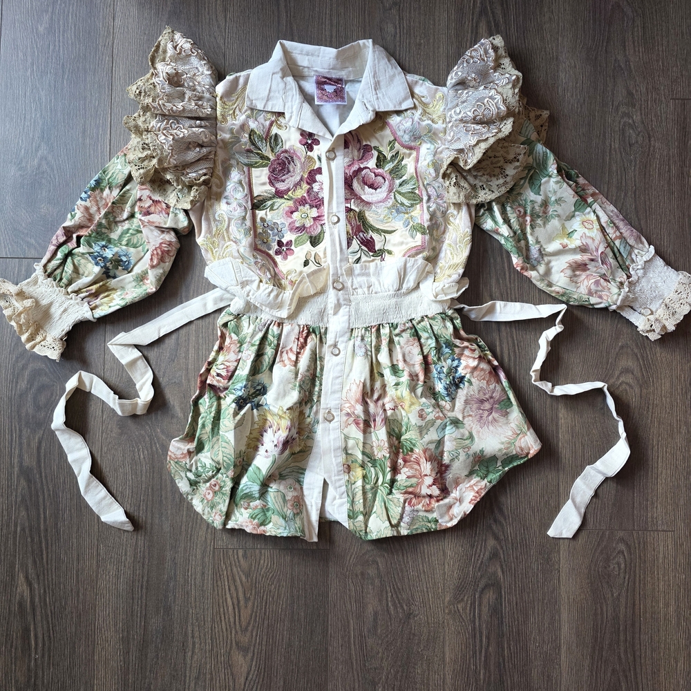 Shirt Remake From Vintage Fabric Romantic Floral Lace Puff Sleeve Blouse